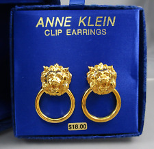 NOS New in Box ANNE KLEIN Gold Tone Lion Door Knocker Clip on Earrings for sale  Shipping to South Africa