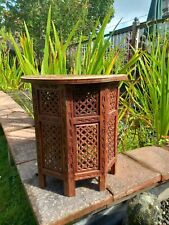 Vintage Carved Wood Indian Octagonal Side Table Brass Inlay Moroccan Style for sale  Shipping to South Africa