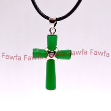 Natural AA Green Jade Cross Lucky Pendant Black Leather Rope Women/Mens Necklace, used for sale  Shipping to South Africa