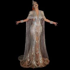 Used, Women Silver Sequins Rhinestones Mesh Long Dress Singer Stage Wear Show Costume for sale  Shipping to South Africa