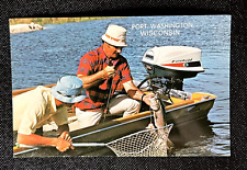 Postcard Port Washington Wisconsin Fishing Boat Bass Evinrude   A6 for sale  Shipping to South Africa