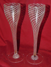RARE Steven Maslach Studio Art Glass White Latticino Swirl Toasting Flutes, used for sale  Shipping to South Africa