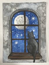 Pintura original motyl estrela céu noturno janela gato preto lua cheia Aceo comprar usado  Enviando para Brazil