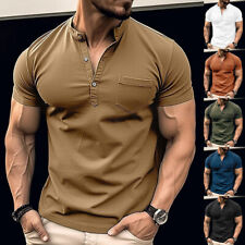 Camisas Henley masculinas sólidas manga curta músculo slim fit esportes casuais camiseta tops comprar usado  Enviando para Brazil