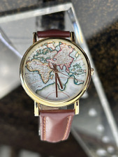 Relógio mapa colorido, ponteiros dourados, pulseira de couro marrom, nova bateria comprar usado  Enviando para Brazil