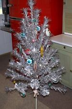 Vintage 4 foot Aluminum Pom Pom Silver Christmas Tree, 58 Branches with Stand, used for sale  Minot