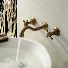 Antique Brass Bathroom Basin Faucet Wall Mounted Dual Handles Tub Sink Mixer Tap for sale  Shipping to South Africa