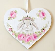 BUNNY RABBIT HEART shabby chic pine wood cottage roses Hand Painted vintage pink for sale  Shipping to South Africa