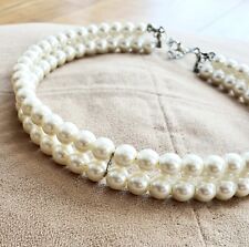 Pearl Rigid Choker Necklace (Two Row Light Cream Faux Glass) with Silver Tone for sale  LARNE