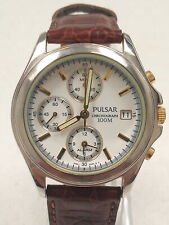 Pulsar Chronograph White Dial Brown Leather Strap Men's Watch  PF3149X1 VGC for sale  Shipping to South Africa