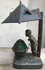 Antique Patinated Metal Czech Flower Boy Basket Lamp Hex Slag Glass Shade German for sale  Shipping to South Africa