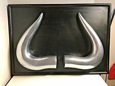 LARGE ALUMINUM LONGHORN STEER BULL HORNS ON BLACK WOODEN FRAMED BOARD WALL MOUNT, used for sale  Shipping to Canada