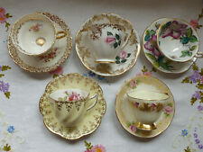 VINTAGE ENGLISH CHINA GORGEOUS TEA CUPS & SAUCERS x 5 ~ GREEN PINK GOLD for sale  DALKEITH