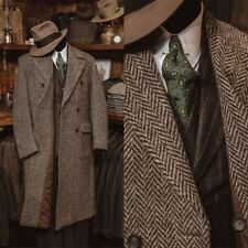 Herringbone Wool Blend Coat Men Long Overcoat Double Breasted Winter Business for sale  Shipping to South Africa