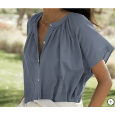 Jenni Kayne Size S Willow Top Blue Cotton Linen Short Sleeve Boxy Button Blouse for sale  Shipping to South Africa