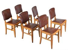 SUITE OF SIX ANTIQUE BROWN LEATHER & WALNUT  DINING CHAIRS, used for sale  Shipping to South Africa