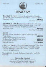 Ginetta price list for sale  BATLEY