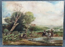Antico dipinto ad olio su tela Paesaggio Rurale Fiume Stream cavallo e carretto cane usato  Spedire a Italy