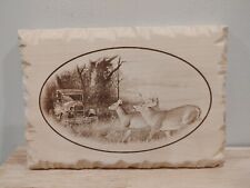 10"x7" Natural Wood Wall Picture/Plaque, Antique Car & Deer, Buck & Doe & Trees for sale  Shipping to South Africa