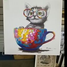 Gatinho em uma xícara de café com copos peça de arte pintura a óleo acrílica 16x16-😽💓😀😇! comprar usado  Enviando para Brazil