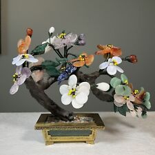 Asian Flower Bonsai Tree Jade Agate Stone Glass Quartz in Brass Planter for sale  Shipping to South Africa