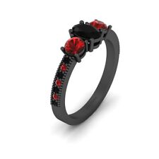 3 Stone Gothic Engagement Ring Womens Red Garnet Black Onyx 925 Silver Gun Metal for sale  Shipping to South Africa