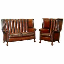 RARE CIRCA 1860 HUGE VICTORIAN BROWN LEATHER BARREL BACK SUITE SOFA ARMCHAIR for sale  Shipping to South Africa
