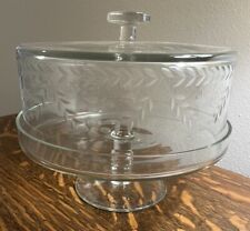 Used, Vintage Floral Laurel Leaf Etched Glass Cake Stand Pedestal With Dome Lid for sale  Shipping to South Africa