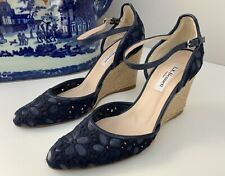 Designer L K Bennett Navy Leather Embroidery Wedge Espadrille Shoes UK4.5 EU37.5 for sale  Shipping to South Africa