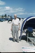 35mm Slide1950s Red Border Kodachrome Older Man on Beach Umbrellas Tents for sale  Shipping to South Africa