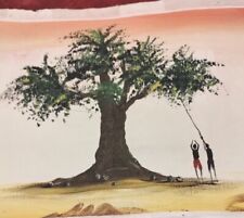 Oil On Canvas Vintage African Painting Of Baobab Tree ~ Collecting Fruit 19"x9" for sale  Shipping to South Africa