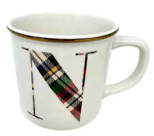 Pottery Barn Mug Monogram Initial Letter N Plaid Gold Rim Coffee Tea Cup 15 oz for sale  Shipping to South Africa