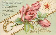 Cartão postal de aniversário de junho em relevo; rosas de flores de nascimento, pérolas de pedra de nascimento e estrela, usado comprar usado  Enviando para Brazil