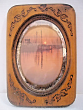 Antique Oval Mirror w/Picture in Oak Wood Frame w/Carved Designs Wall Hanging for sale  Shipping to South Africa