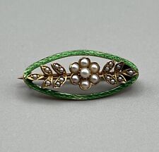 Antique Edwardian Green Guilloche Enamel Seed Pearl Gold Plated Petite Brooch for sale  Shipping to South Africa