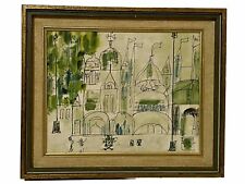 VINTAGE IMPRESSIONIST INK & GOUACHE CITYSCAPE PAINTING W/ STICK FIGURES for sale  Shipping to South Africa