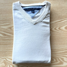 Tommy Hilfiger średni sweter męski biały 22" od dołu do dołu designerski dekolt w serek moda na sprzedaż  Wysyłka do Poland