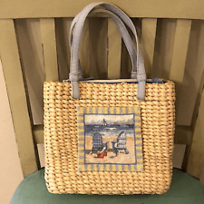 Bolsa de mão de palha bordada bronzeada cena praia cadeiras veleiro fecho com zíper comprar usado  Enviando para Brazil