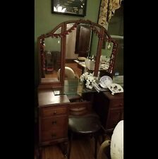 VTG 1920s Antique Wood Vanity Trifold Mirror Leather Stool Dress Table 6 Drawer  for sale  Shipping to South Africa