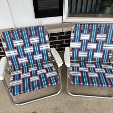 Lot Of 2 Vintage Aluminum Blue Pink Folding Chair Beach Woven Webbed for sale  Shipping to South Africa