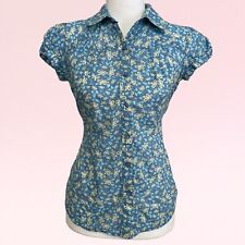 vintage y2k blue floral boho fairy cowgirl puff-sleeve coquette button-up top XS comprar usado  Enviando para Brazil