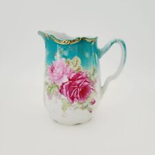 Vintage Teal & Pink Rose Pitcher, Hand Painted Embossed Gold Trim, Bavaria Jug for sale  Shipping to South Africa