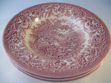 English Ironstone Tableware Pink Red Country Scene 3 Soup Bowls England Vintage tweedehands  verschepen naar Netherlands