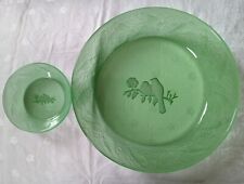 Used, Green Glass Dessert Bowl Set,Etched & Moulded,VGC,Birds,Flowers,1 Large,6 Small for sale  Shipping to South Africa