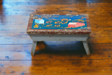 Antique Primitive Wood Stool Bench Original Folk Art Paint Farmhouse  Blue for sale  Shipping to South Africa