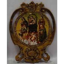 Ikona na starej drewnianej tablicy Madonna z Dzieciątkiem i figurkami świętych 38x28cm, używany na sprzedaż  PL