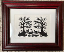 Signed Scherenschnitte Paper Scissor Cut Matted Framed Art Cats Trees Birds Pond for sale  Shipping to South Africa