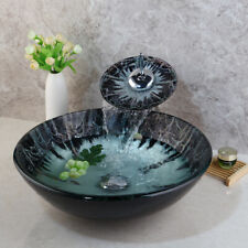 RE Hand Painting Round Tempered Glass Vessel Sink Basin&Waterfall  Faucet Tap, used for sale  Shipping to South Africa