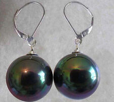 Beautiful 8mm-14mm Black Pearl Shell Round Beads Silver Hook Dangle Earrings for sale  Shipping to South Africa