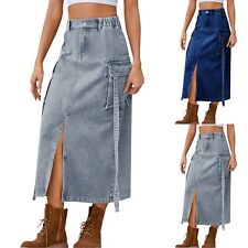 Vestido feminino jeans lavado elástico cintura frontal fenda alça bolso saia longa senhora comprar usado  Enviando para Brazil